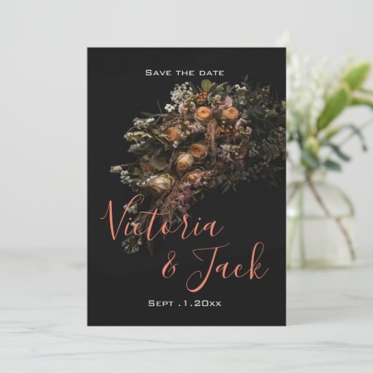 Save the Date blumenreich, orange Einladung (Stehend Vorderseite)