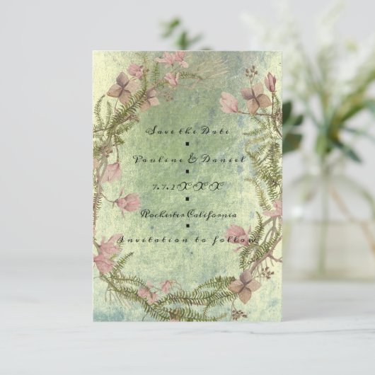 Save the Date Blumenstrauß Hütte Alte Minze Rosa B (Stehend Vorderseite)