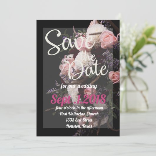 Save the Date blumig, bordeauxfarben, blau Einladung (Stehend Vorderseite)