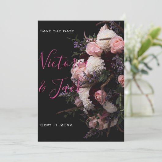 Save the Date blumig, bordeauxfarben, blau Einladung (Stehend Vorderseite)