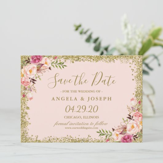 Save the Date Blush Pink Gold Glitzer Blues (Stehend Vorderseite)