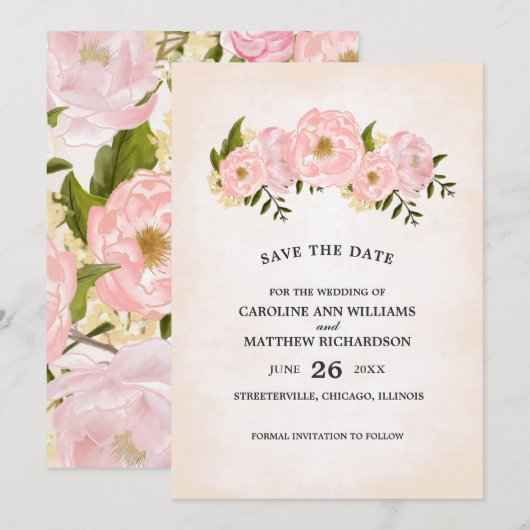 Save The Date. Blush Pink Peonies Card Date (Vorne/Hinten)