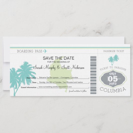 Save the Date Boarding nach Kolumbien (Vorderseite)