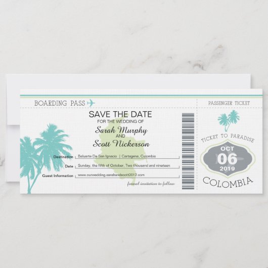 Save the Date Boarding nach Kolumbien (Vorderseite)