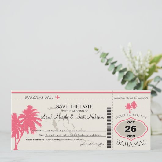 Save the Date Boarding Pass auf Bahamas (Stehend Vorderseite)