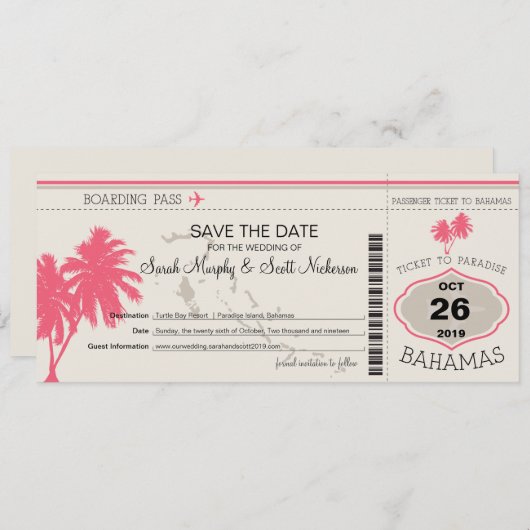 Save the Date Boarding Pass auf Bahamas (Vorne/Hinten)