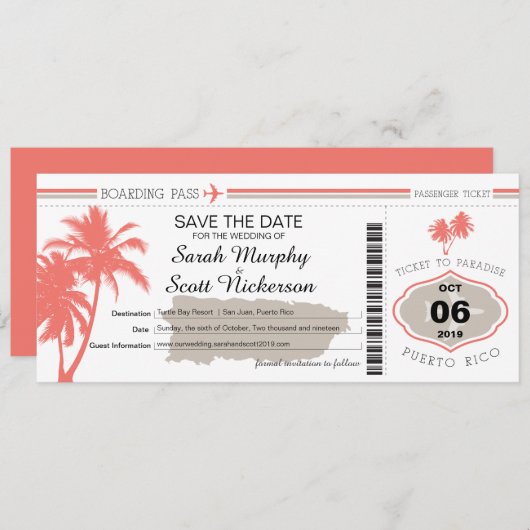 Save the Date Boarding Pass auf Puerto Rico (Vorne/Hinten)