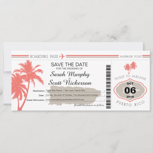 Save the Date Boarding Pass auf Puerto Rico (Vorderseite)