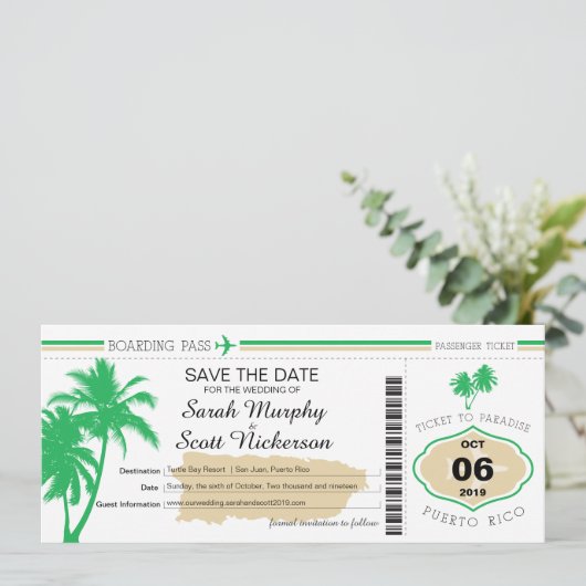 Save the Date Boarding Pass auf Puerto Rico (Stehend Vorderseite)
