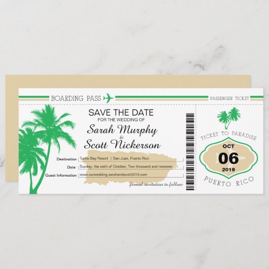 Save the Date Boarding Pass auf Puerto Rico (Vorne/Hinten)