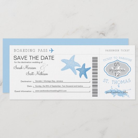 Save the Date Boarding Pass bis St. Thomas (Vorne/Hinten)