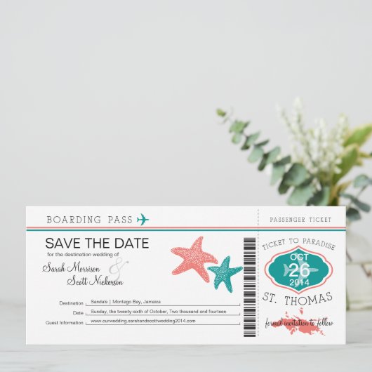 Save the Date Boarding Pass bis St. Thomas (Stehend Vorderseite)