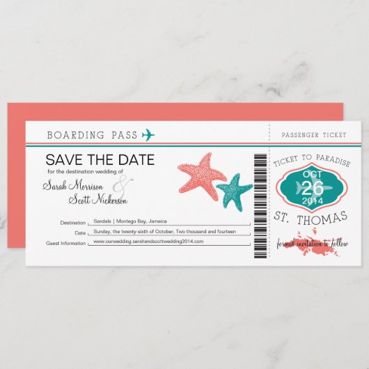 Save the Date Boarding Pass bis St. Thomas (Vorne/Hinten)