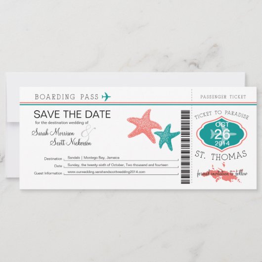 Save the Date Boarding Pass bis St. Thomas (Vorderseite)