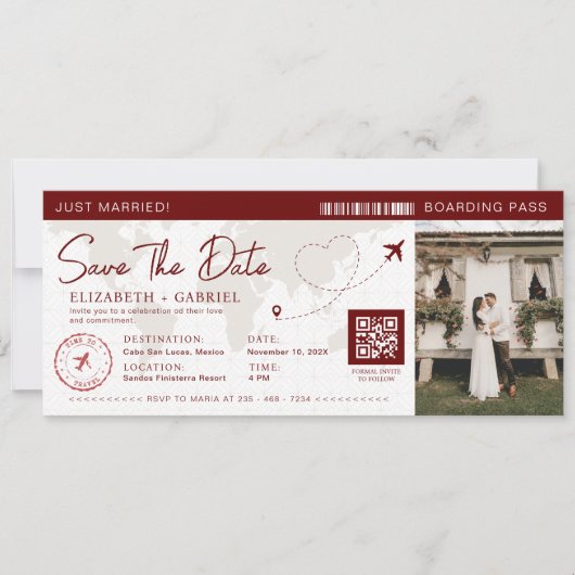 Save the Date Boarding Pass Burgundy Travel Einladung (Vorderseite)