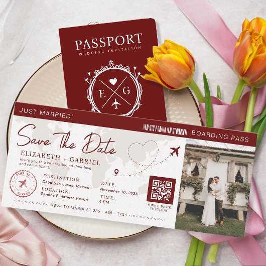 Save the Date Boarding Pass Burgundy Travel Einladung