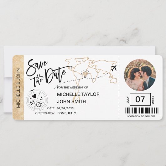 Save the Date Boarding Pass Einfache Weltkarte Einladung (Vorderseite)