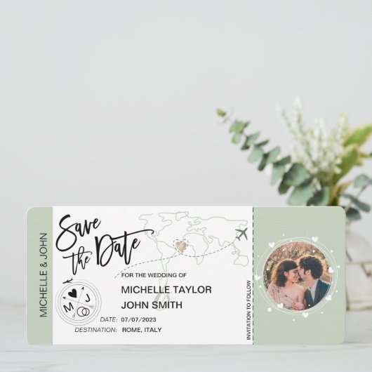 Save the Date Boarding Pass Einfache Weltkarte Einladung (Stehend Vorderseite)