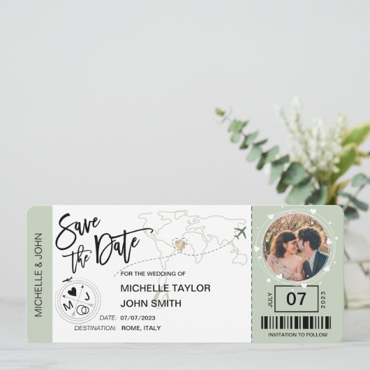 Save the Date Boarding Pass Einfache Weltkarte Inv Einladung (Stehend Vorderseite)