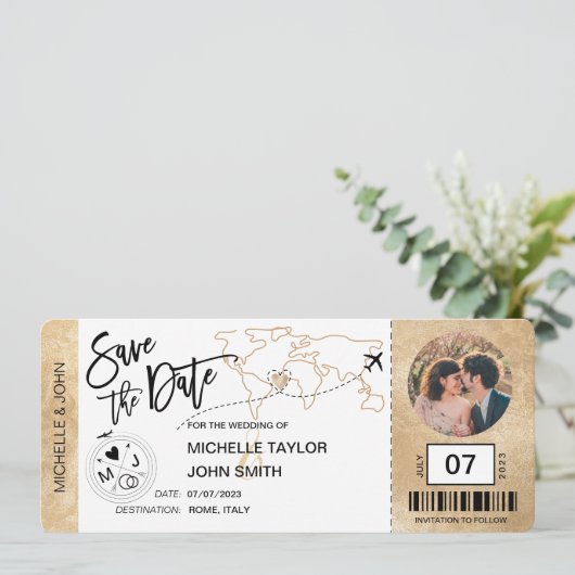 Save the Date Boarding Pass Einfache Weltkarte Inv Einladung (Stehend Vorderseite)