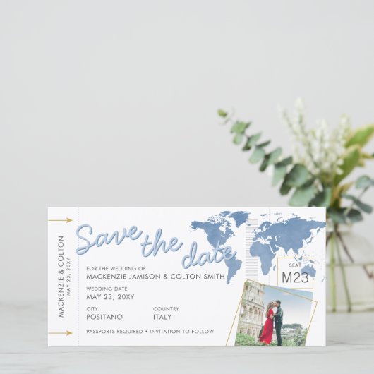 Save the Date Boarding Pass Foto Blue World Map (Stehend Vorderseite)