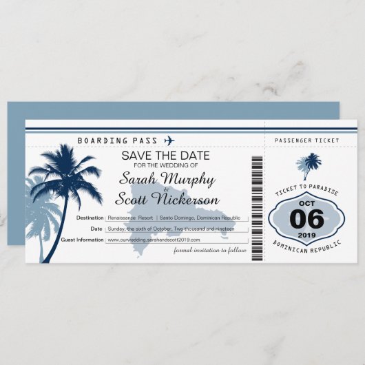 Save the Date Boarding-Pass für die Dominikanische (Vorne/Hinten)