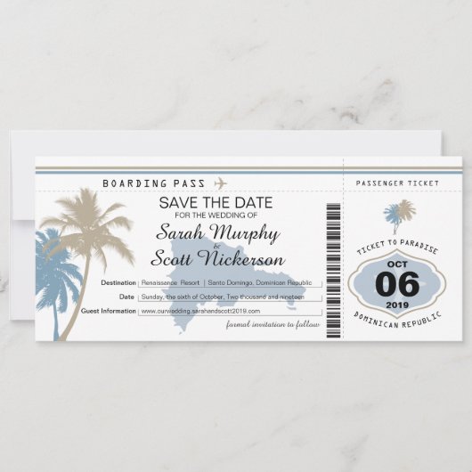 Save the Date Boarding-Pass für die Dominikanische (Vorderseite)