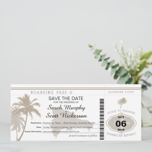 Save the Date Boarding-Pass für die Dominikanische (Stehend Vorderseite)