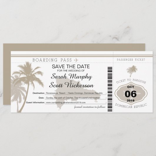Save the Date Boarding-Pass für die Dominikanische (Vorne/Hinten)