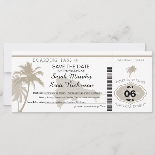 Save the Date Boarding-Pass für die Dominikanische (Vorderseite)