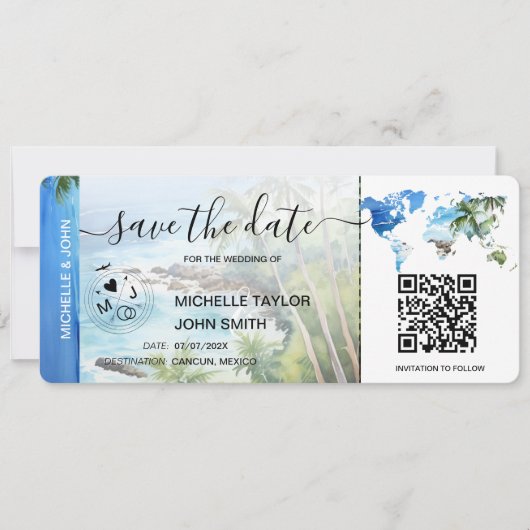 Save the Date Boarding Pass Map Beach Palm Mexiko Einladung (Vorderseite)