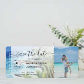 Save the Date Boarding Pass Map Beach Palm MPhoto Einladung (Stehend Vorderseite)