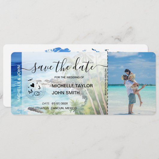 Save the Date Boarding Pass Map Beach Palm MPhoto Einladung (Vorne/Hinten)