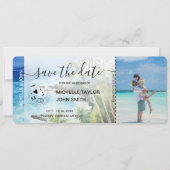 Save the Date Boarding Pass Map Beach Palm MPhoto Einladung (Vorderseite)