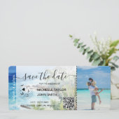 Save the Date Boarding Pass Map Beach Palm MPhoto Einladung (Stehend Vorderseite)