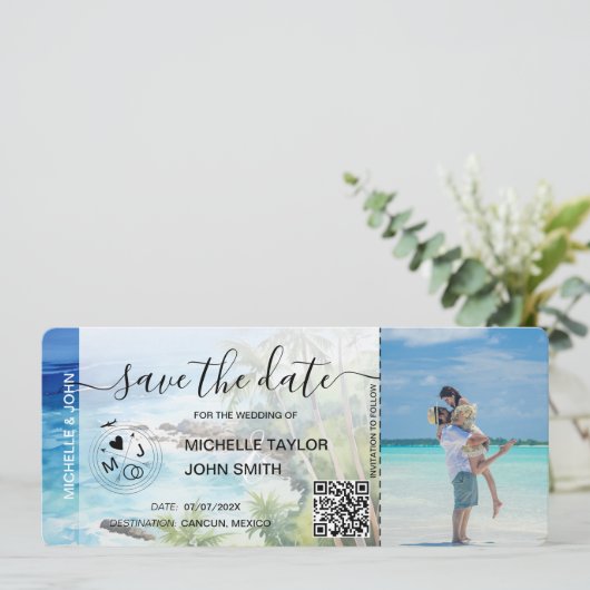 Save the Date Boarding Pass Map Beach Palm MPhoto Einladung (Stehend Vorderseite)