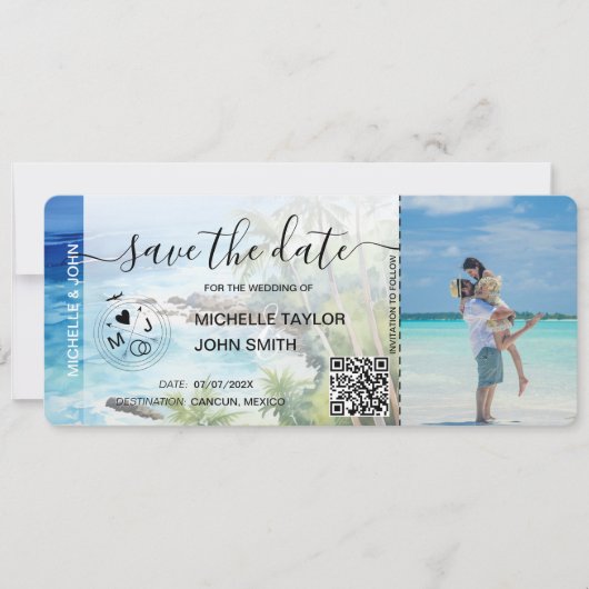 Save the Date Boarding Pass Map Beach Palm MPhoto Einladung (Vorderseite)