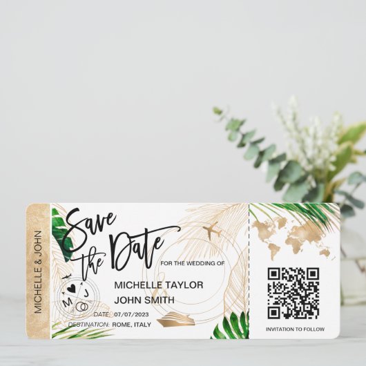 Save the Date Boarding Pass Map Cruise QR Code Einladung (Stehend Vorderseite)