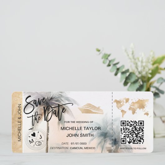 Save the Date Boarding Pass Map Cruise QR Code Inv Einladung (Stehend Vorderseite)