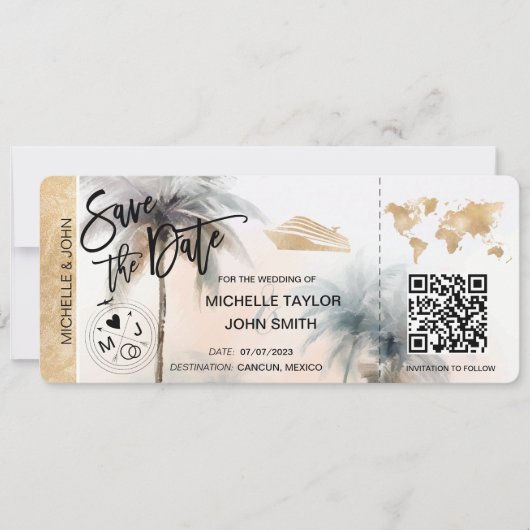 Save the Date Boarding Pass Map Cruise QR Code Inv Einladung (Vorderseite)