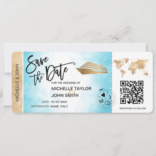 Save the Date Boarding Pass Map Cruise QR Code Inv Einladung (Vorderseite)