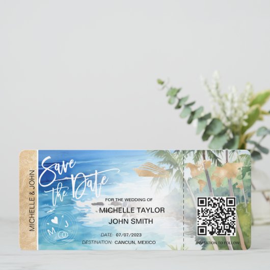 Save the Date Boarding Pass Map Cruise QR Code Inv Einladung (Stehend Vorderseite)