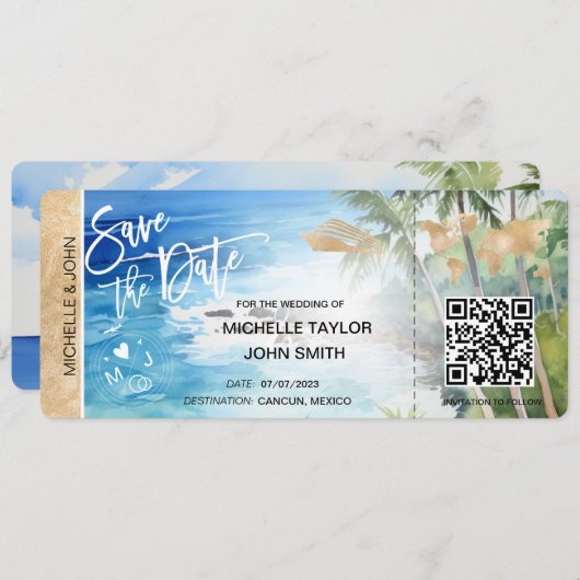 Save the Date Boarding Pass Map Cruise QR Code Inv Einladung (Vorne/Hinten)