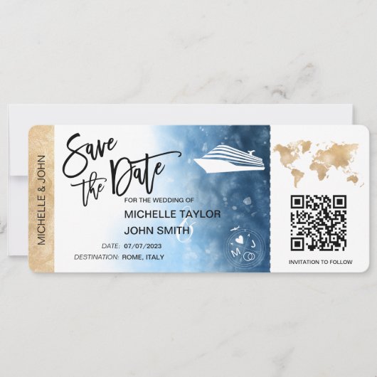 Save the Date Boarding Pass Map Cruise QR Code Inv Einladung (Vorderseite)