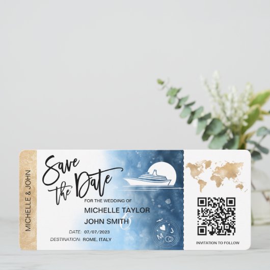 Save the Date Boarding Pass Map Kreuzschiff QRCode Einladung (Stehend Vorderseite)