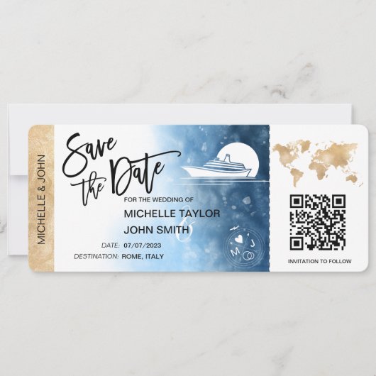 Save the Date Boarding Pass Map Kreuzschiff QRCode Einladung (Vorderseite)