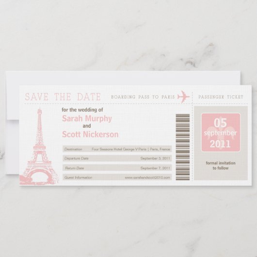 Save the Date Boarding Pass nach Paris Frankreich (Vorderseite)