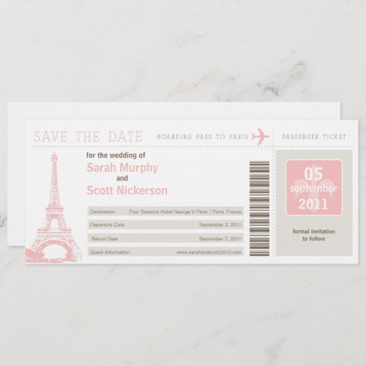 Save the Date Boarding Pass nach Paris Frankreich (Vorne/Hinten)