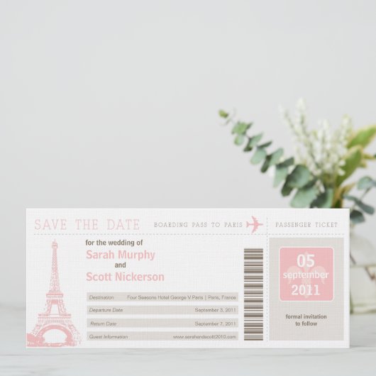 Save the Date Boarding Pass nach Paris Frankreich (Stehend Vorderseite)