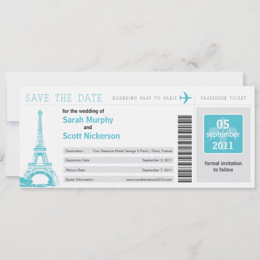 Save the Date Boarding Pass nach Paris Frankreich (Vorderseite)